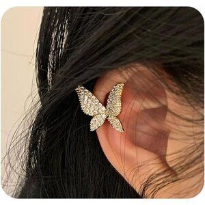 Sparkly Cubic Zirconia Butterfly Ear Cuffs – Gold Rhinestone Clip-On Earrings